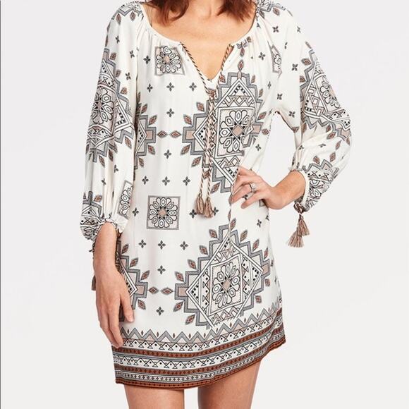 Lovestitch Santa Fe Tassel Dress Womens Size M Ivory Tribal Print Gypsy Bohemian - Picture 1 of 10